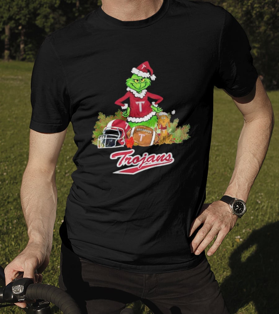 Grinch Troy Trojans Christmas Football Festive Scene T-Shirt