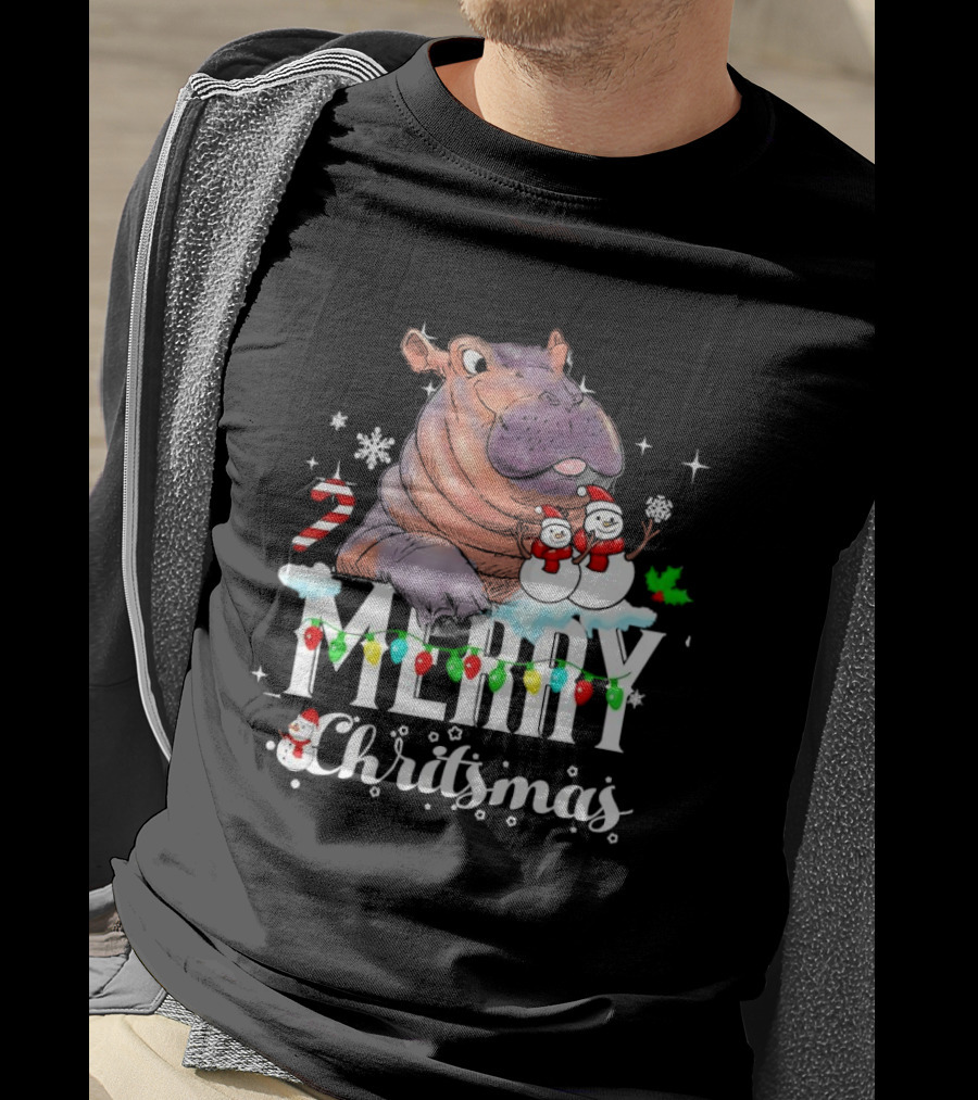 Hippo Merry Christmas Snowmen Candy Cane Lights T-Shirt