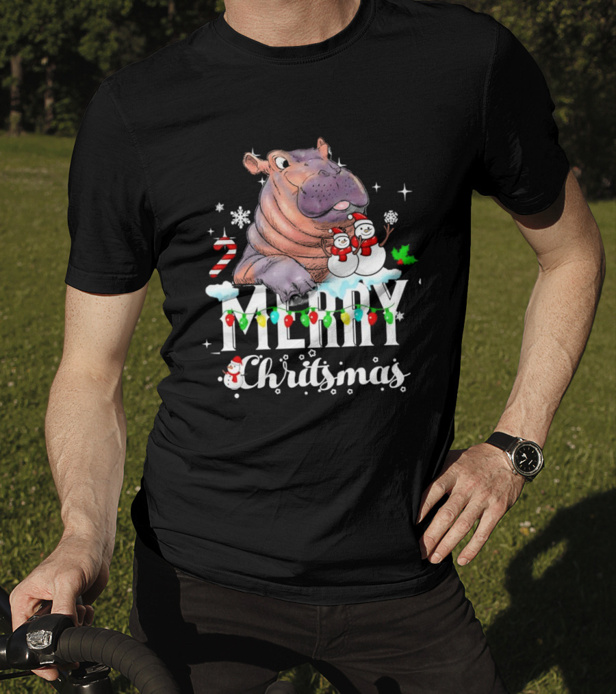 Hippo Merry Christmas Snowmen Candy Cane Lights T-Shirt