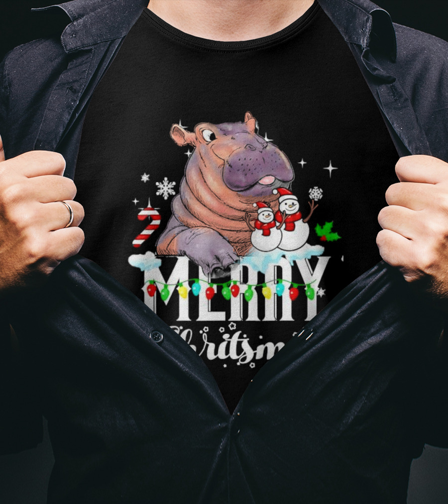Hippo Merry Christmas Snowmen Candy Cane Lights T-Shirt