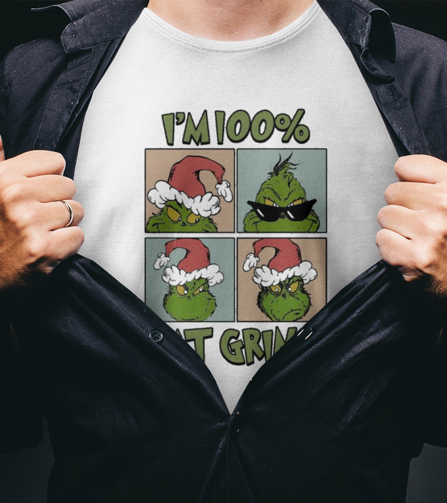 I'm 100% That Grinch Christmas Icon With Santa Hat And Sunglasses T-Shirt