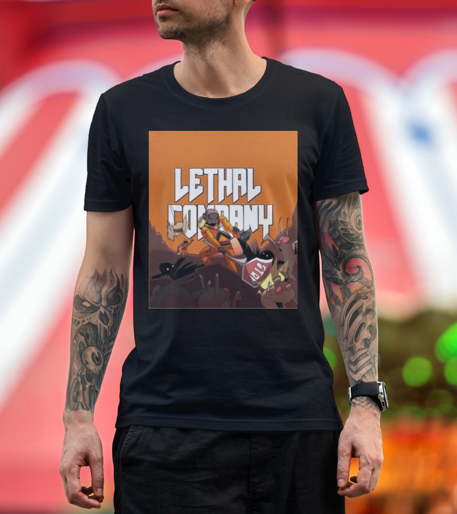 Lethal Company Stop Sign Creature Battle Scene T-Shirt