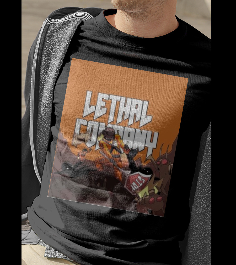 Lethal Company Stop Sign Creature Battle Scene T-Shirt