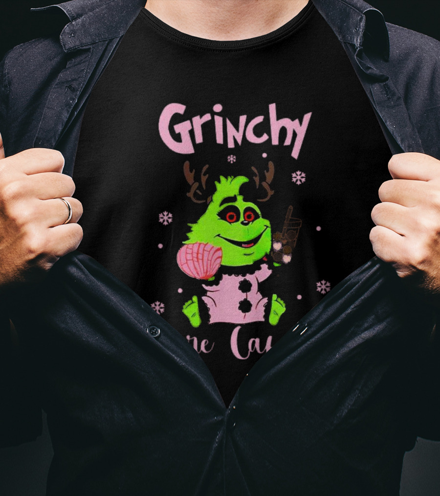 Grinchy Before Cafecito Christmas Holiday Drink Snowflakes T-Shirt