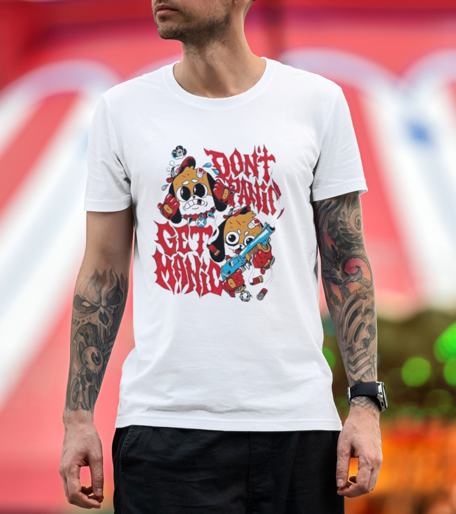 Don’t Panic Get Manic Cartoon Bears in Red and Black with Blue Gun T-Shirt