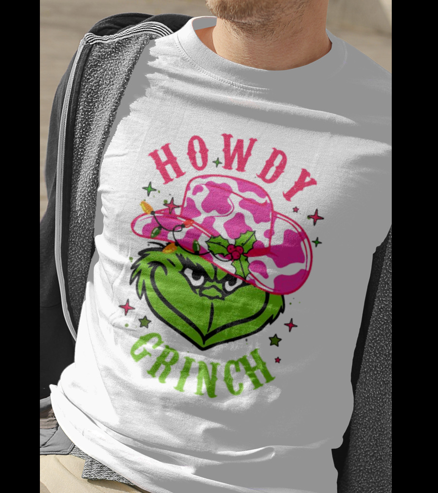 Howdy Grinch Christmas Cowboy Hat Festive Lights T-Shirt