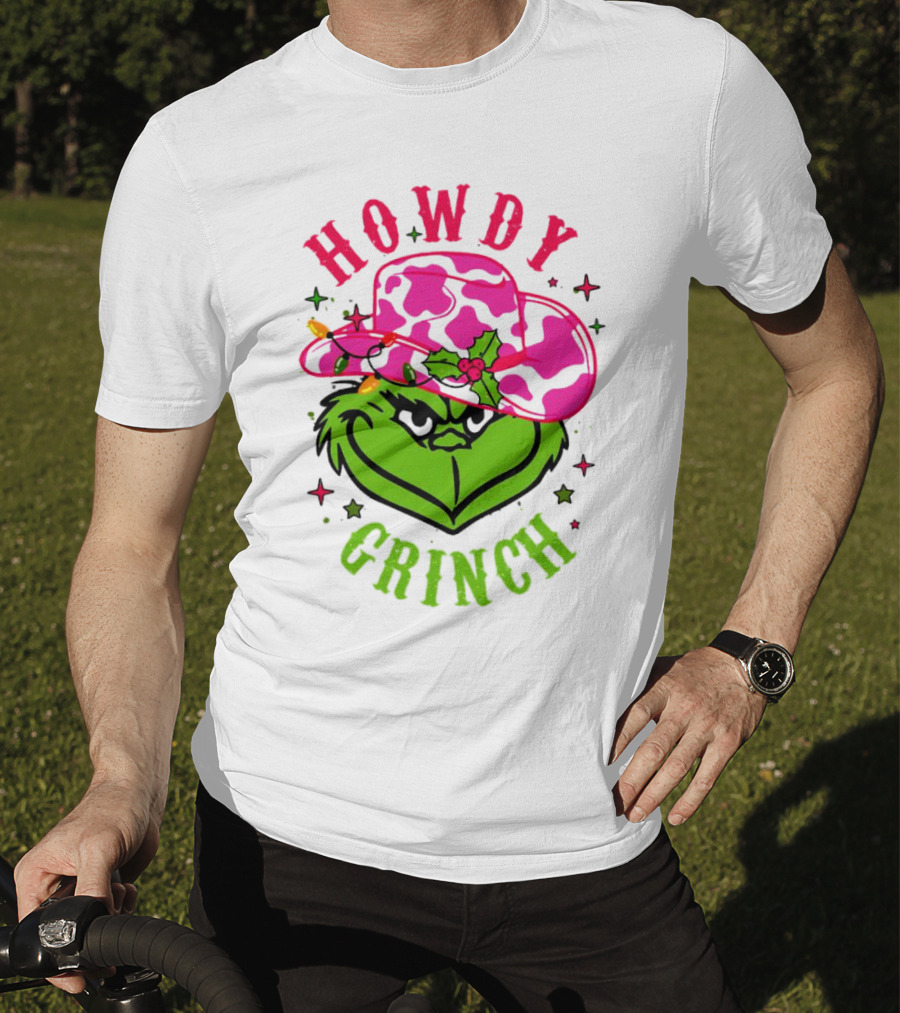 Howdy Grinch Christmas Cowboy Hat Festive Lights T-Shirt