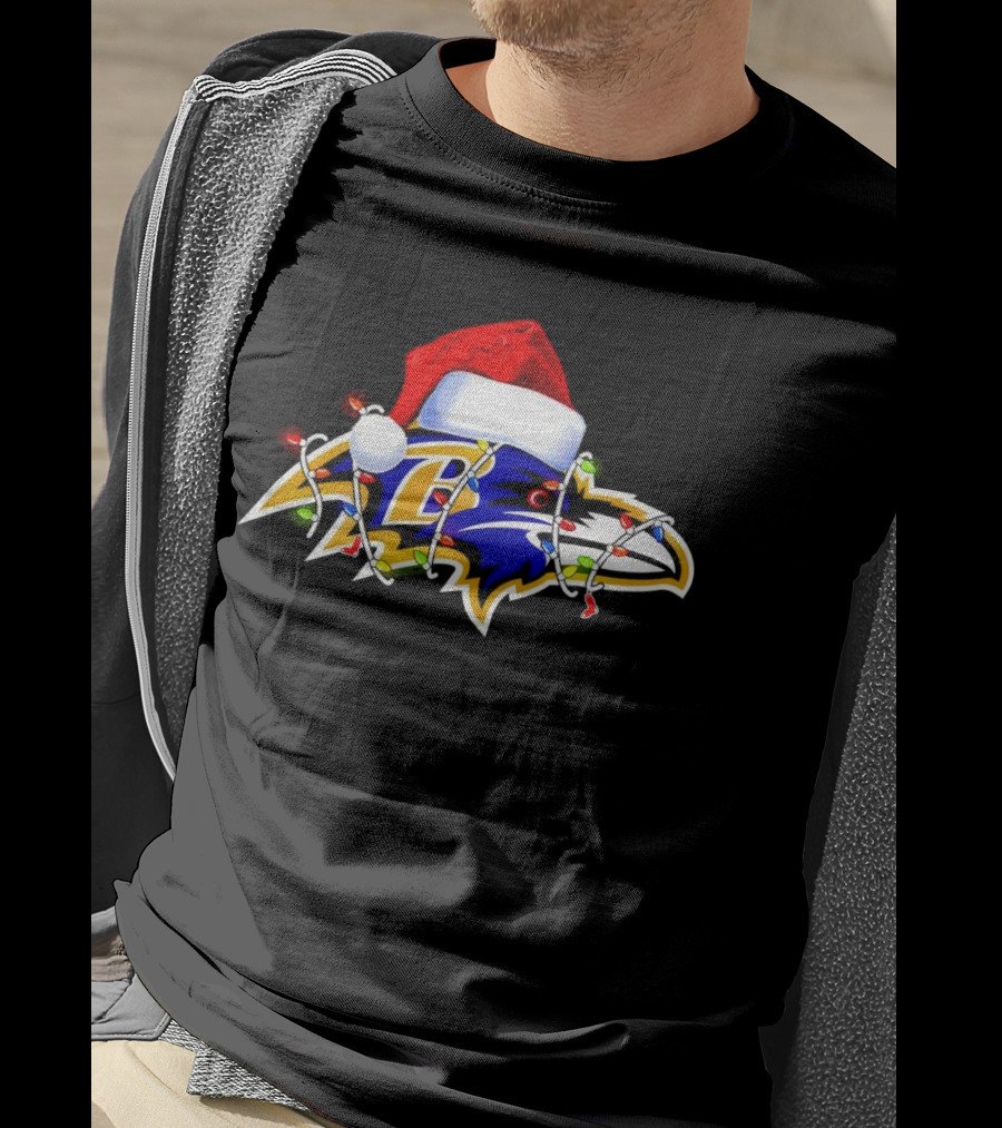 Baltimore Ravens Christmas Lights Santa Hat T-Shirt