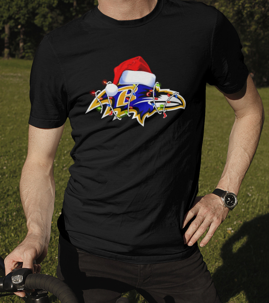 Baltimore Ravens Christmas Lights Santa Hat T-Shirt
