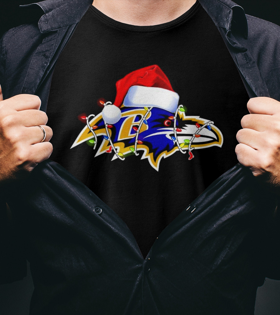 Baltimore Ravens Christmas Lights Santa Hat T-Shirt