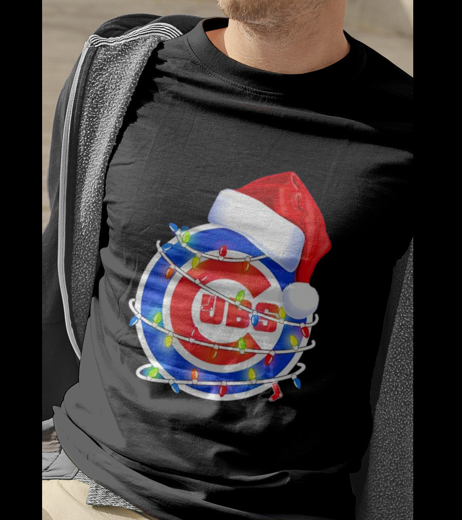 Chicago Cubs Festive Christmas Lights With Santa Hat T-Shirt