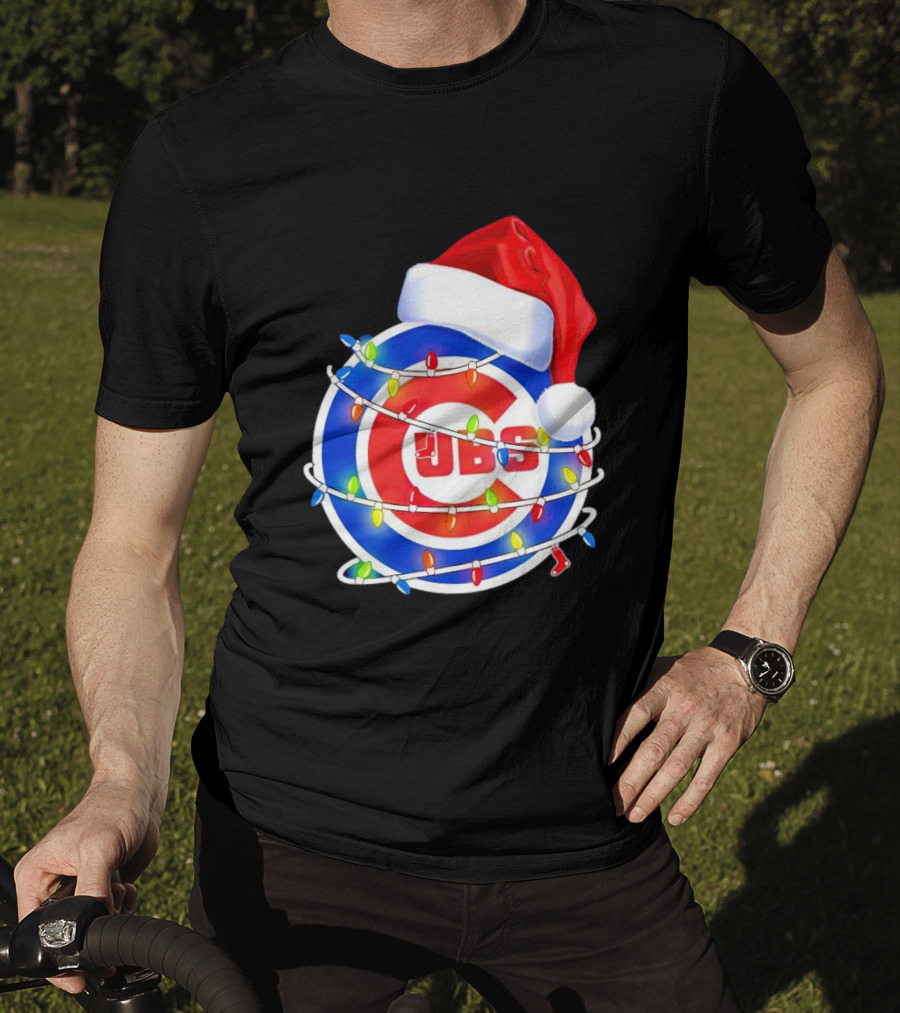 Chicago Cubs Festive Christmas Lights With Santa Hat T-Shirt