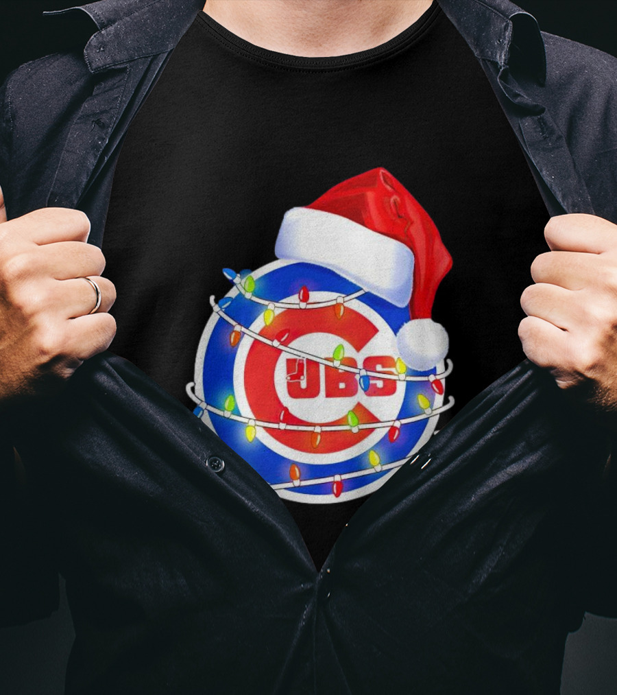 Chicago Cubs Festive Christmas Lights With Santa Hat T-Shirt
