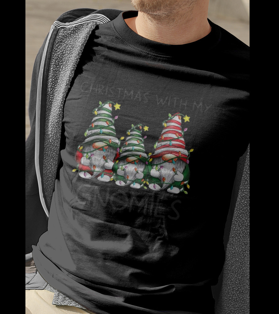 Christmas With My Gnomies Festive Holiday Lights Gnome Trio T-Shirt