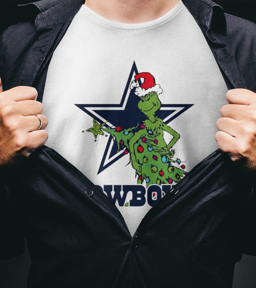 Dallas Cowboys Grinch In Santa Hat With Christmas Tree And Star T-Shirt
