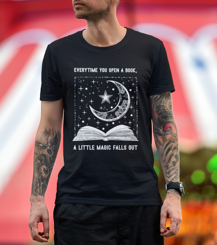 Everytime You Open a Book a Little Magic Falls Out with Starry Crescent Moon and Open Pages T-Shirt