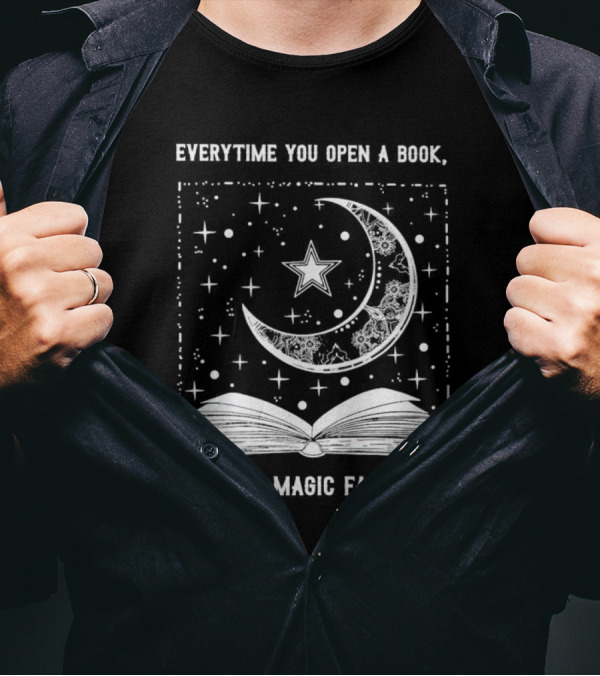 Everytime You Open A Book A Little Magic Falls Out With Starry Crescent Moon And Open Pages T-Shirt