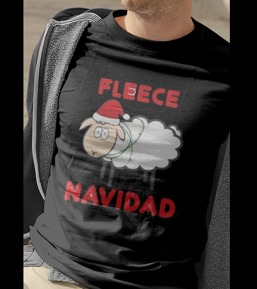 Fleece Navidad Christmas Sheep With Santa Hat And Festive Lights T-Shirt