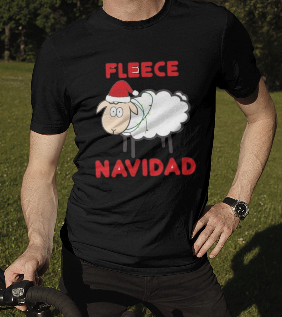 Fleece Navidad Christmas Sheep With Santa Hat And Festive Lights T-Shirt