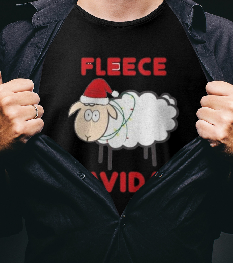 Fleece Navidad Christmas Sheep With Santa Hat And Festive Lights T-Shirt