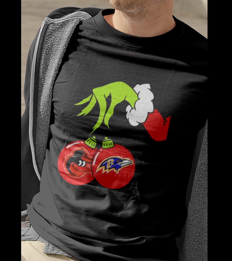Grinch Hand Holding Baltimore Ravens And Orioles Christmas Ornaments T-Shirt