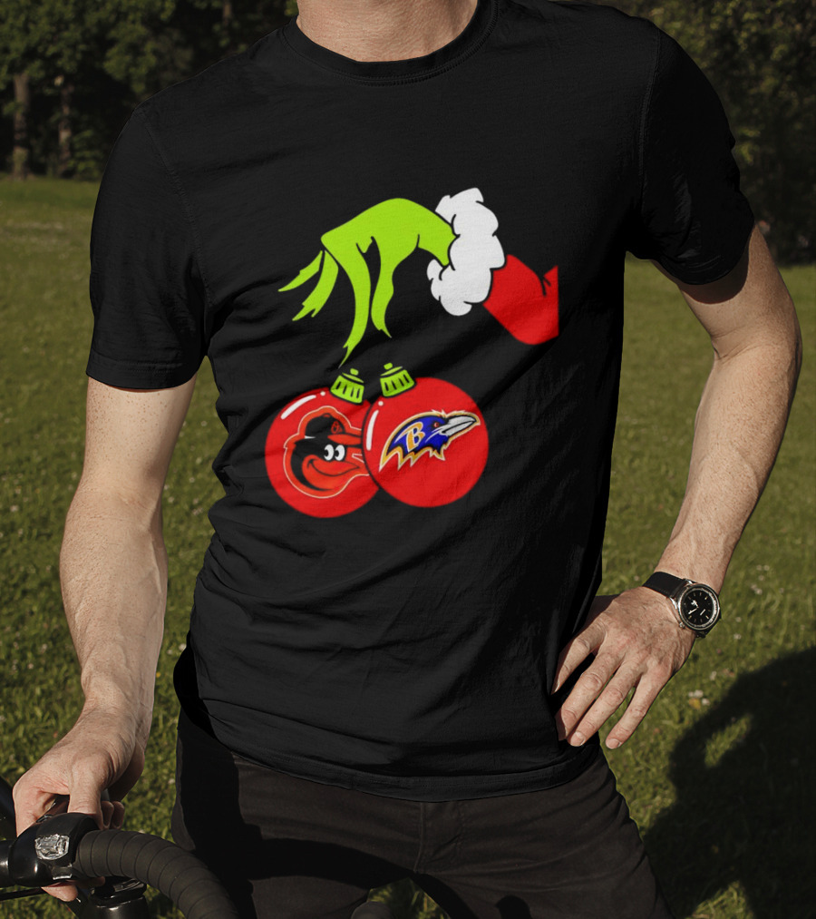 Grinch Hand Holding Baltimore Ravens And Orioles Christmas Ornaments T-Shirt