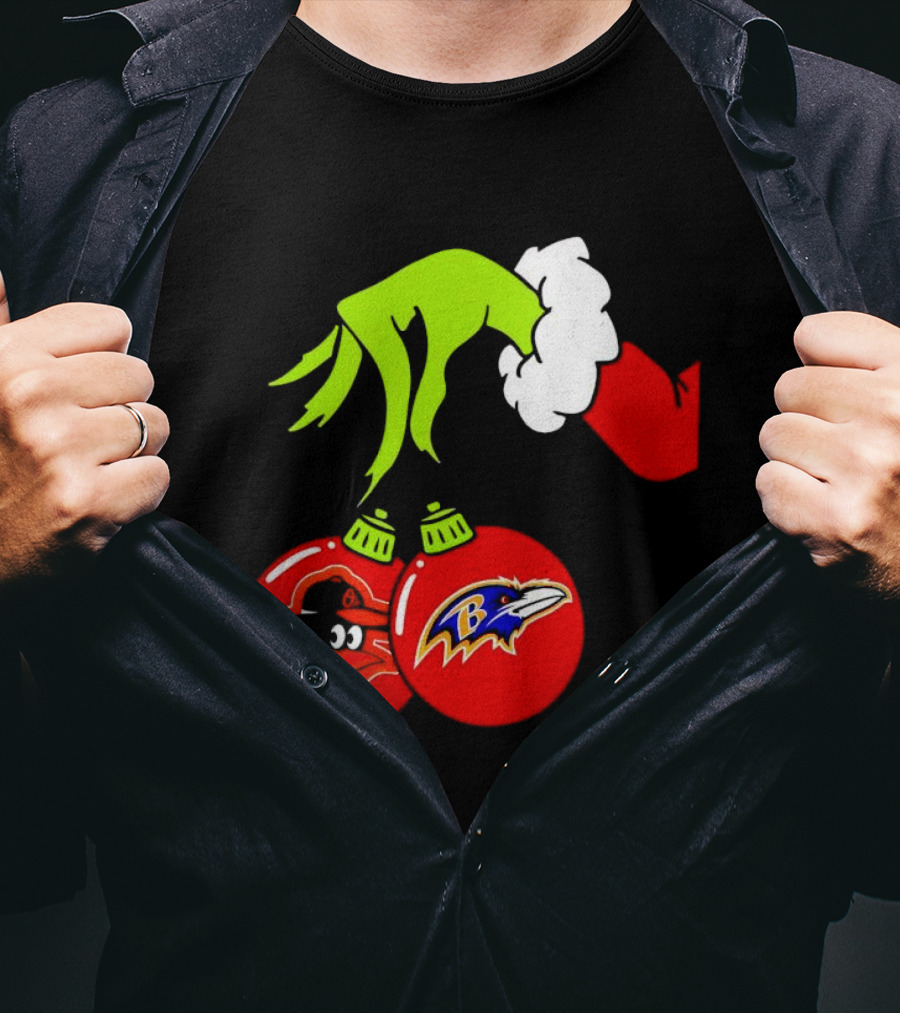 Grinch Hand Holding Baltimore Ravens And Orioles Christmas Ornaments T-Shirt
