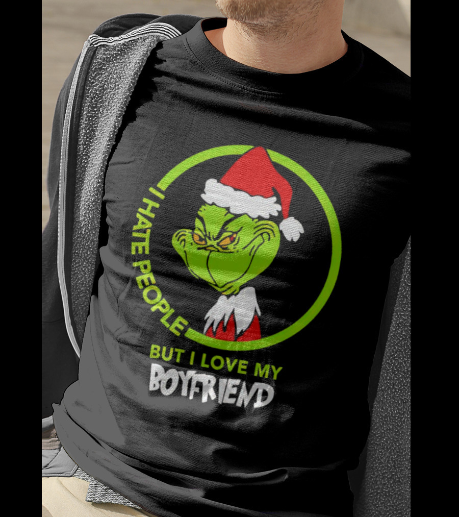 Grinch I Hate People But I Love My Boyfriend Christmas Santa Hat T-Shirt