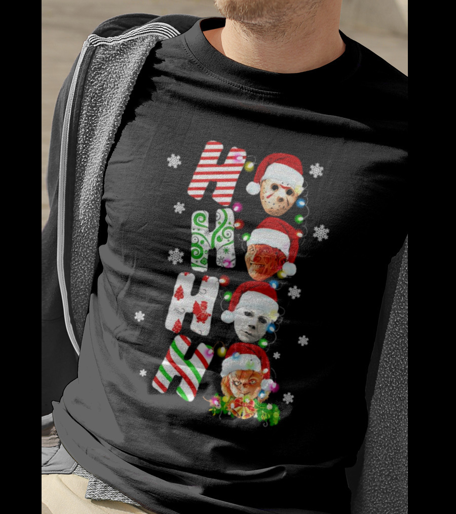 Ho Ho Ho Horror Movies Characters Christmas Snowflakes Santa Hats T-Shirt
