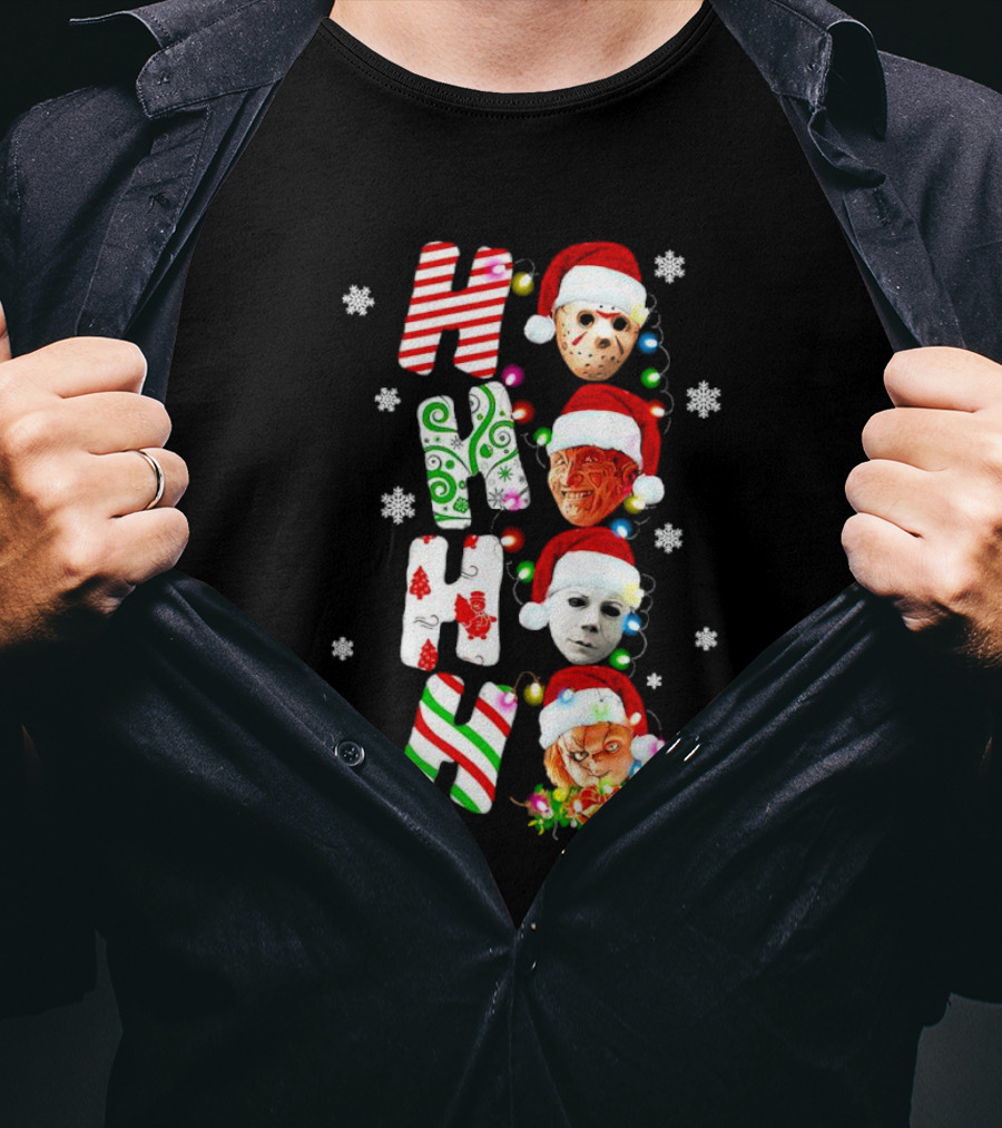 Ho Ho Ho Horror Movies Characters Christmas Snowflakes Santa Hats T-Shirt