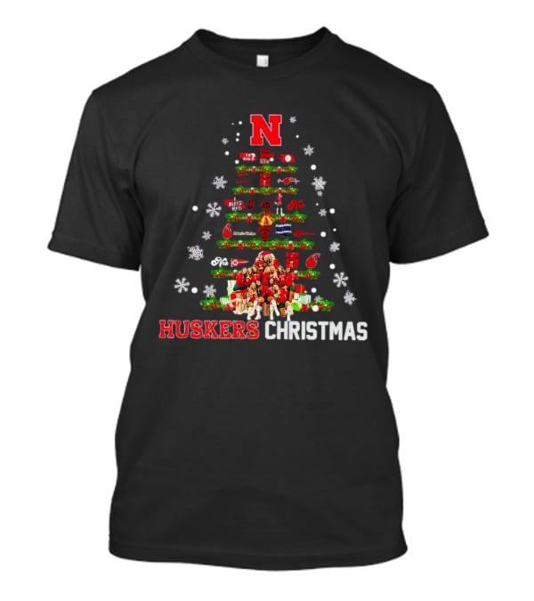 Huskers Christmas Tree With Nebraska Cornhuskers Logo And Holiday Decorations T-Shirt