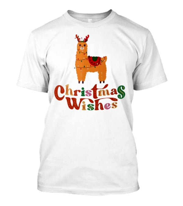 Christmas Wishes Llama Reindeer With Lights T-Shirt
