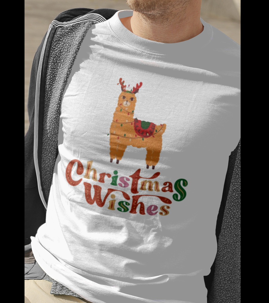 Christmas Wishes Llama Reindeer With Lights T-Shirt