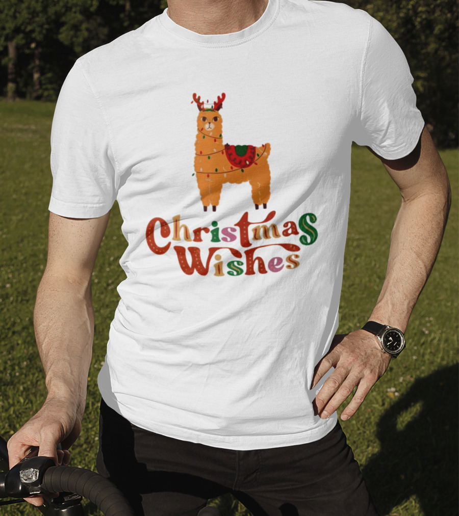 Christmas Wishes Llama Reindeer With Lights T-Shirt