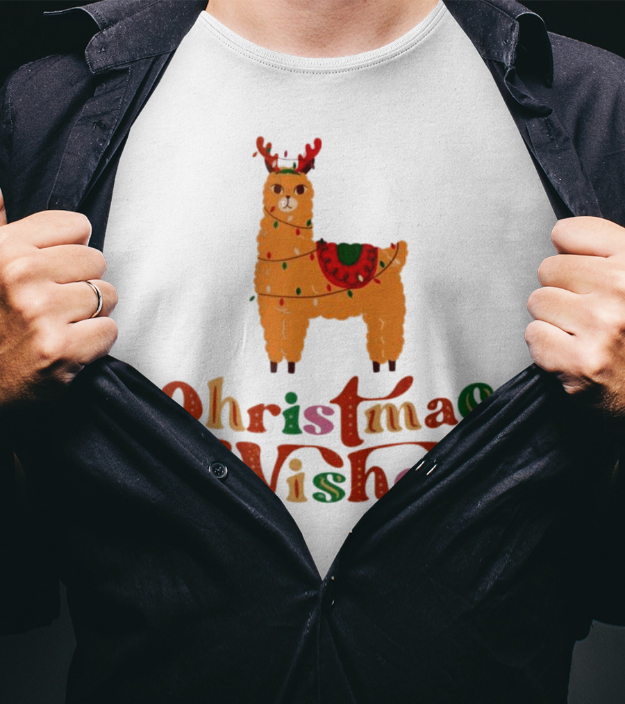Christmas Wishes Llama Reindeer With Lights T-Shirt