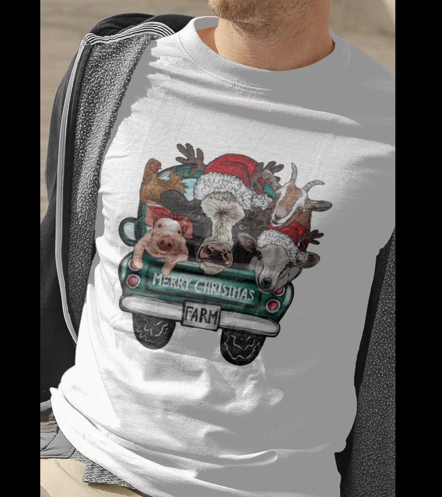 Merry Christmas Farm Animals In Holiday Truck T-Shirt