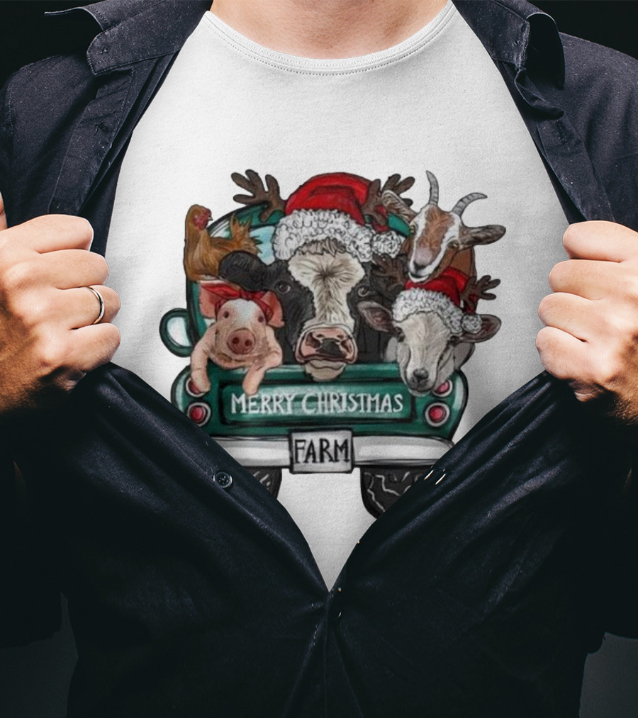 Merry Christmas Farm Animals In Holiday Truck T-Shirt