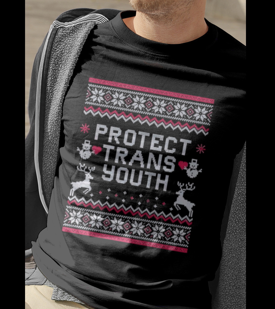 PROTECT TRANS YOUTH Snowflakes Reindeer Hearts Snowmen T-Shirt