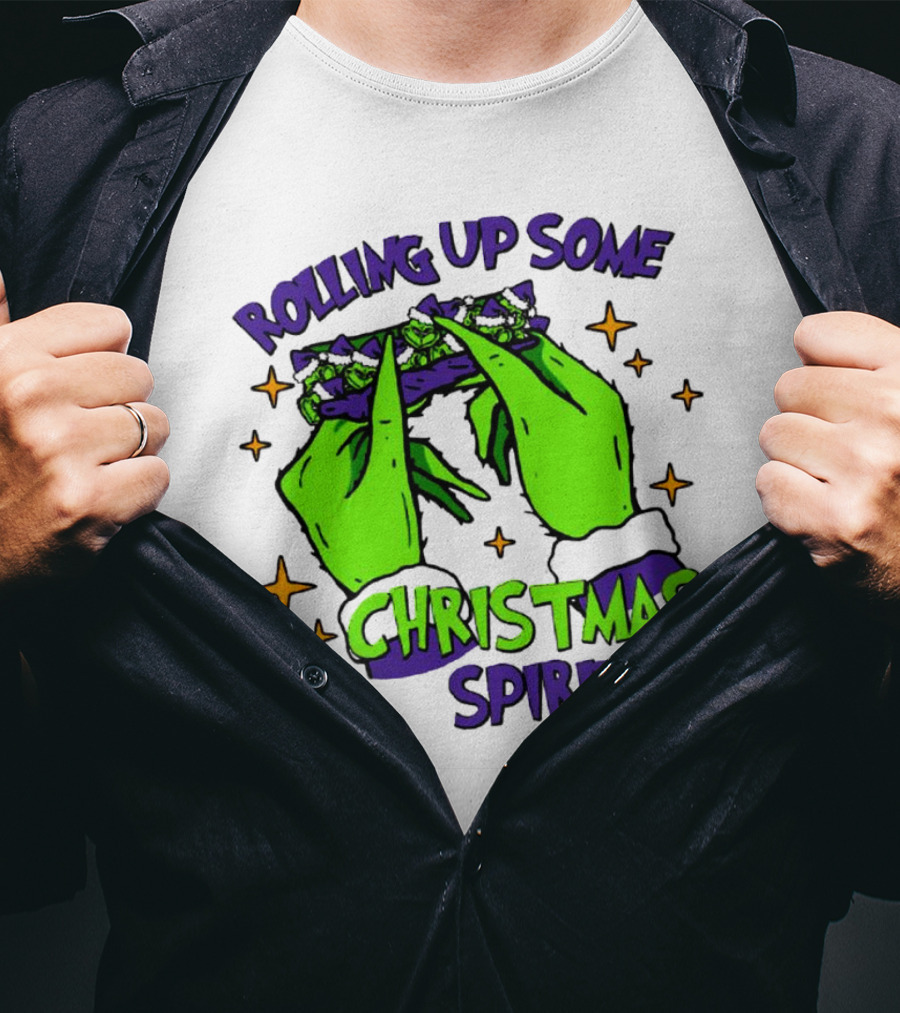 Rolling Up Some Christmas Spirit With Purple Grinch Hand T-Shirt