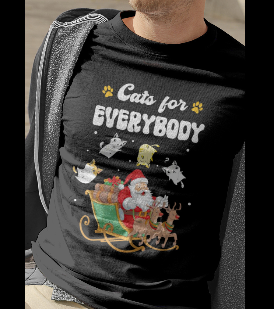 Santa With Flying Cats And Reindeer Sleigh For Everybody Christmas T-Shirt