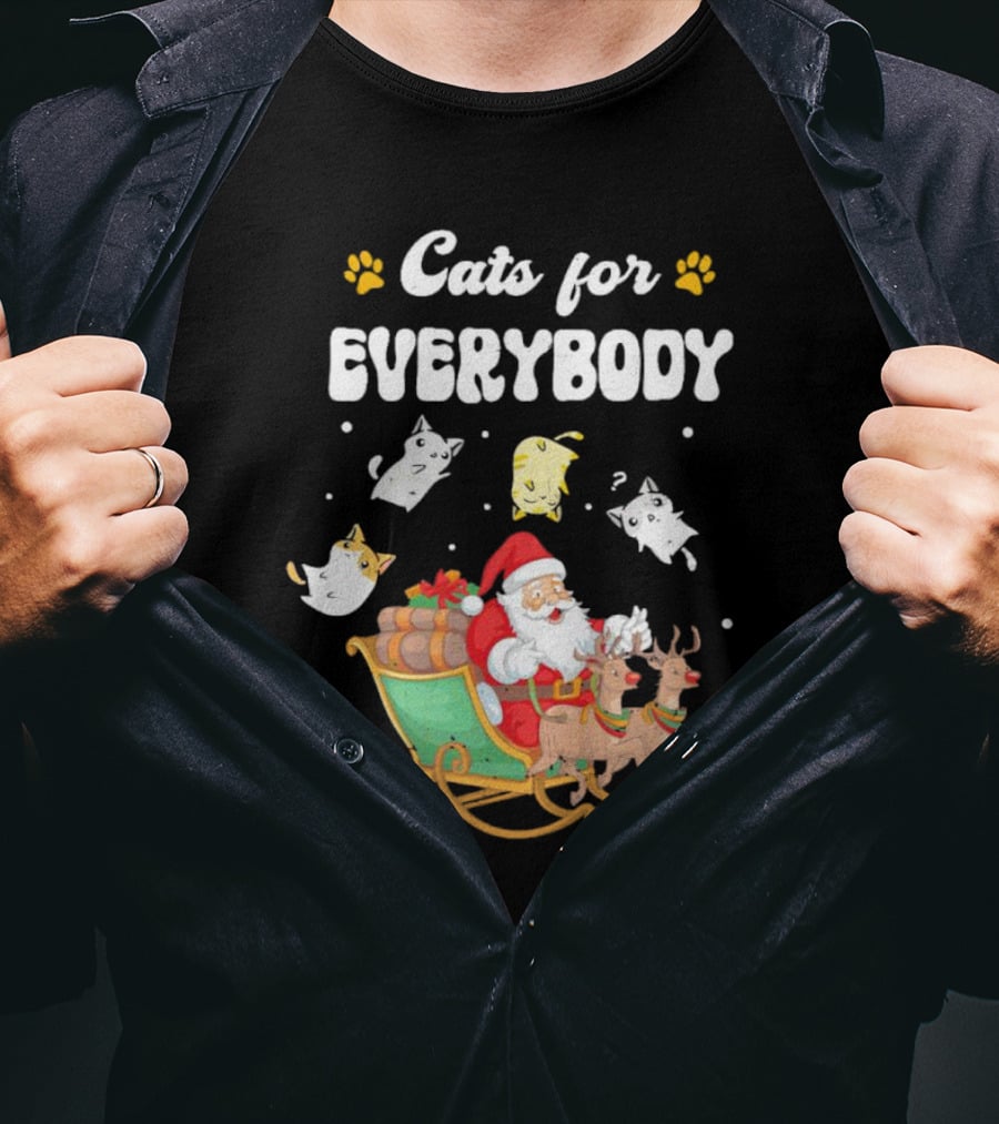 Santa With Flying Cats And Reindeer Sleigh For Everybody Christmas T-Shirt