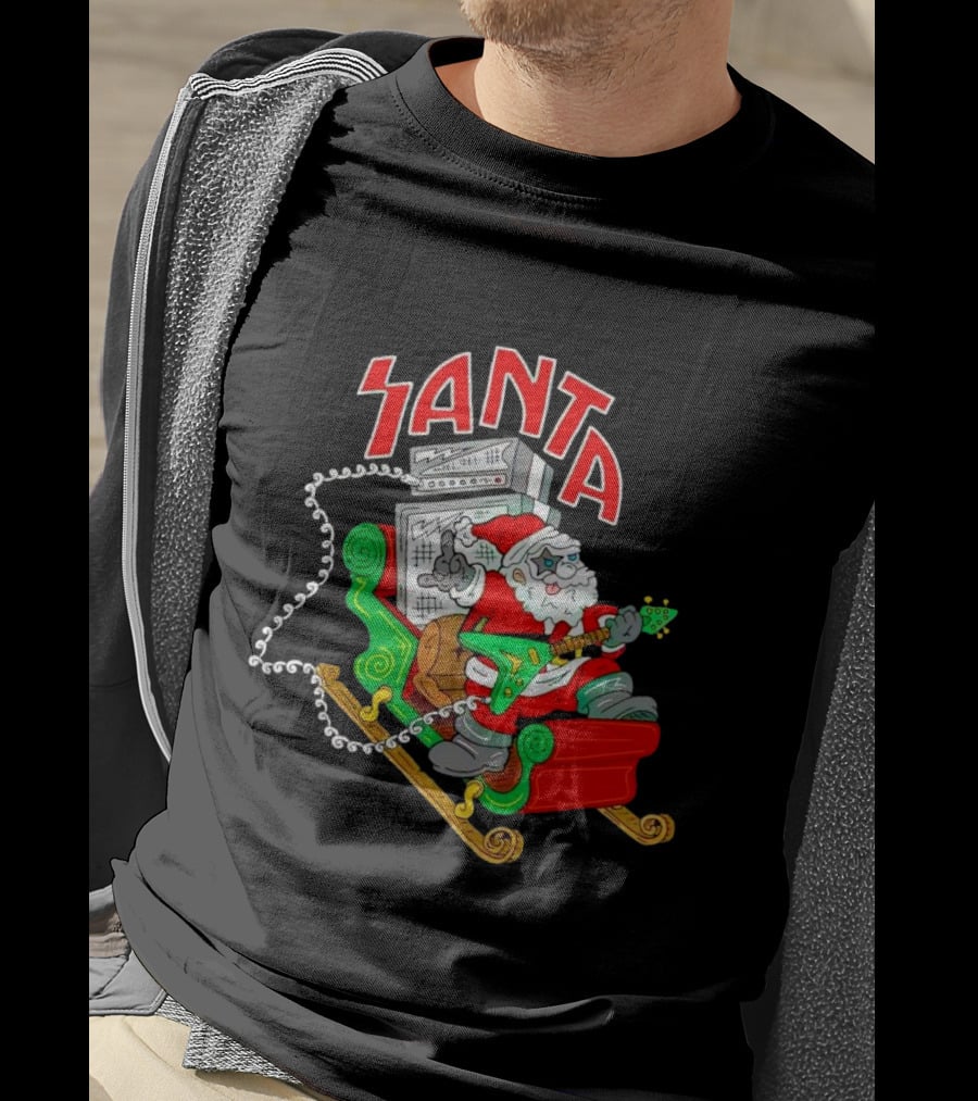 Santa Rocks Sleigh With Guitar And Amps Christmas T-Shirt