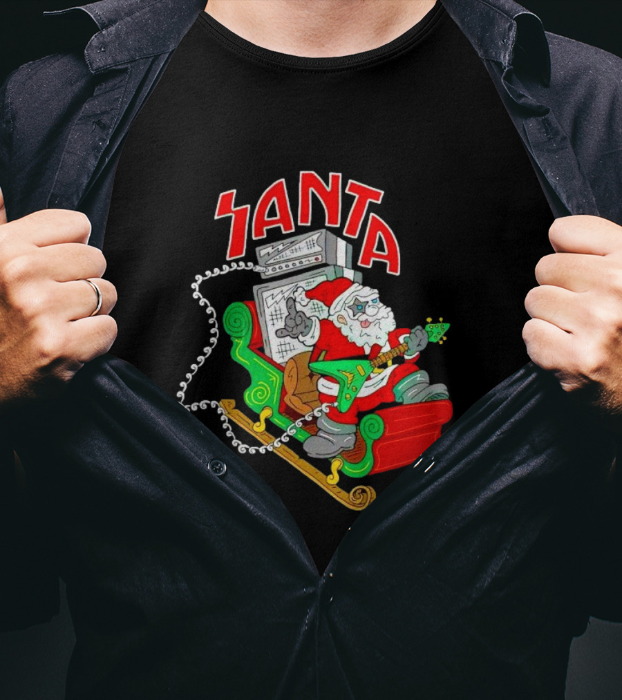 Santa Rocks Sleigh With Guitar And Amps Christmas T-Shirt