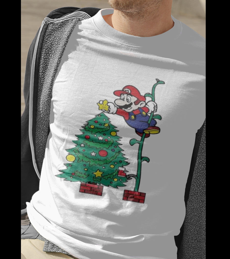 Super Mario Decorating Christmas Tree With Power-Up Star And Brick Blocks T-Shirt