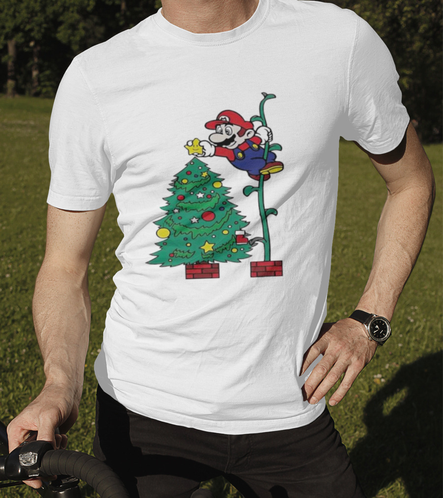 Super Mario Decorating Christmas Tree With Power-Up Star And Brick Blocks T-Shirt
