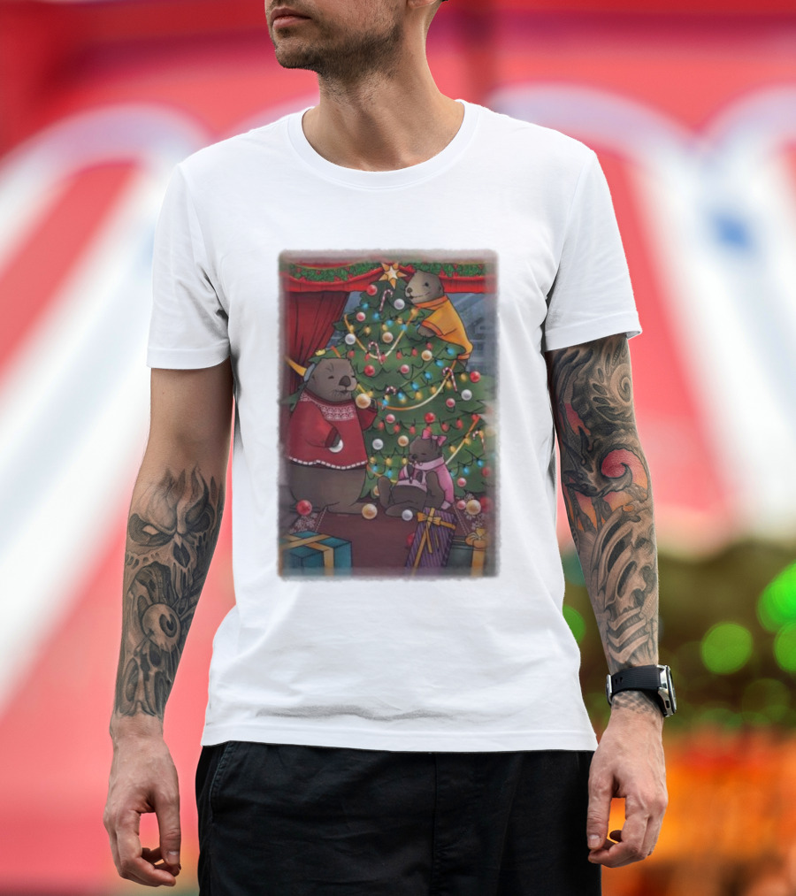 Tazz Talks Christmas Tree Celebrations with Adorable Bear Family Holiday Scene T-Shirt