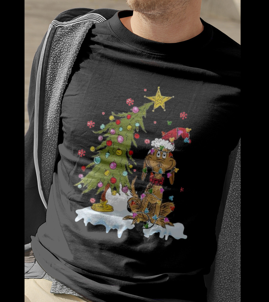 Christmas Max Dog Wrapped In Lights With Grinch Tree Scene T-Shirt