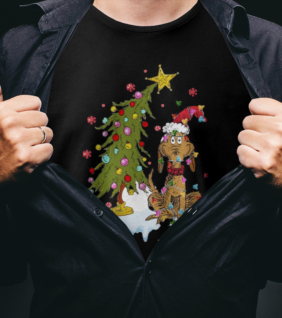 Christmas Max Dog Wrapped In Lights With Grinch Tree Scene T-Shirt