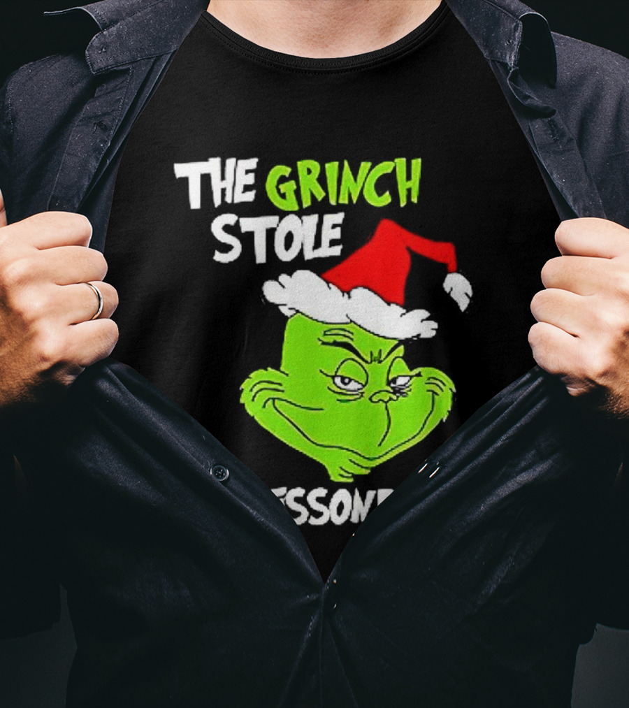 The Grinch Stole My Lesson Plans Christmas Red Hat Green Face T-Shirt