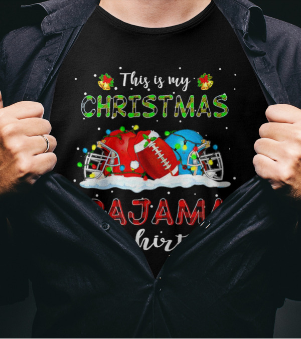 This Is My Christmas Pajama Shirt Football Helmets Candy Canes Snowflakes T-Shirt
